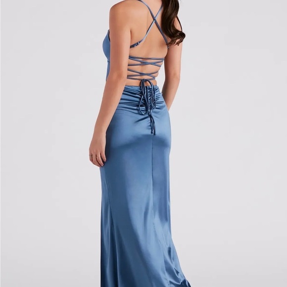 Windsor Steel Blue Satin Ruched Maxi Dress with High Slit - Picture 2 of 6